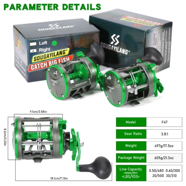 Sougayilang Metal Drum Trolling Fishing Reel L18.1cm W9.1cm H8.2cm